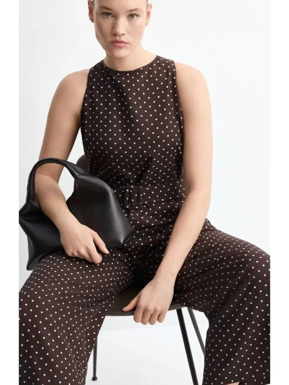 Mango Women's Round Neck Polka-Dot Belt Jumpsuit Brown/White NWOT Pockets MED